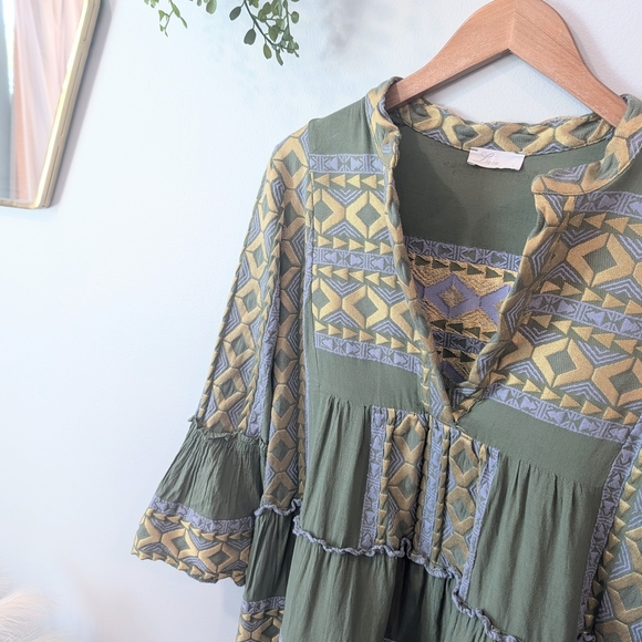 Lace The Label By Anthropologie Olive and Gold Embroideref Dress Size Large - Picture 2 of 8